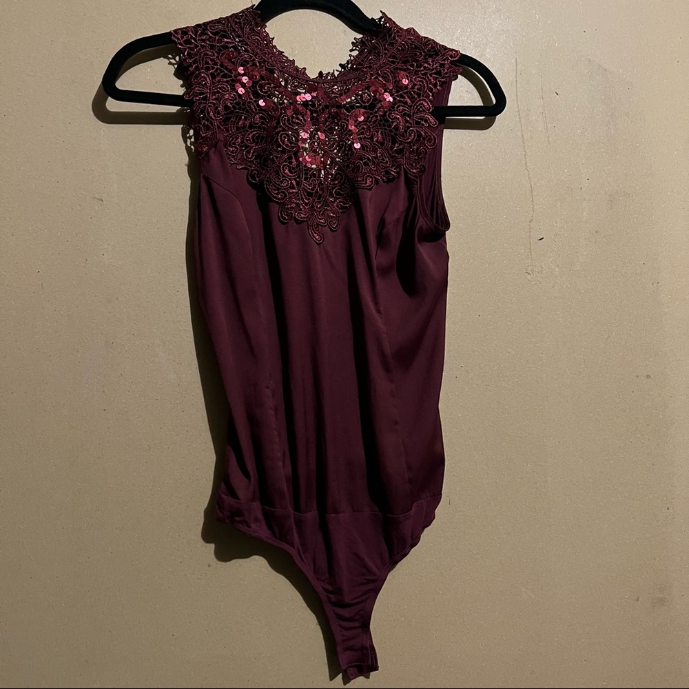 BEBE burgundy maroon size XS crochet lace sequin thong bodysuit